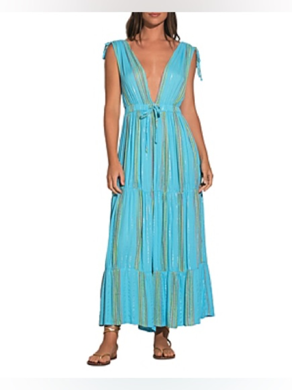 ELAN Blue Striped Maxi Dress Tie Waist Adjustable Coastal Beach Boho Size Medium